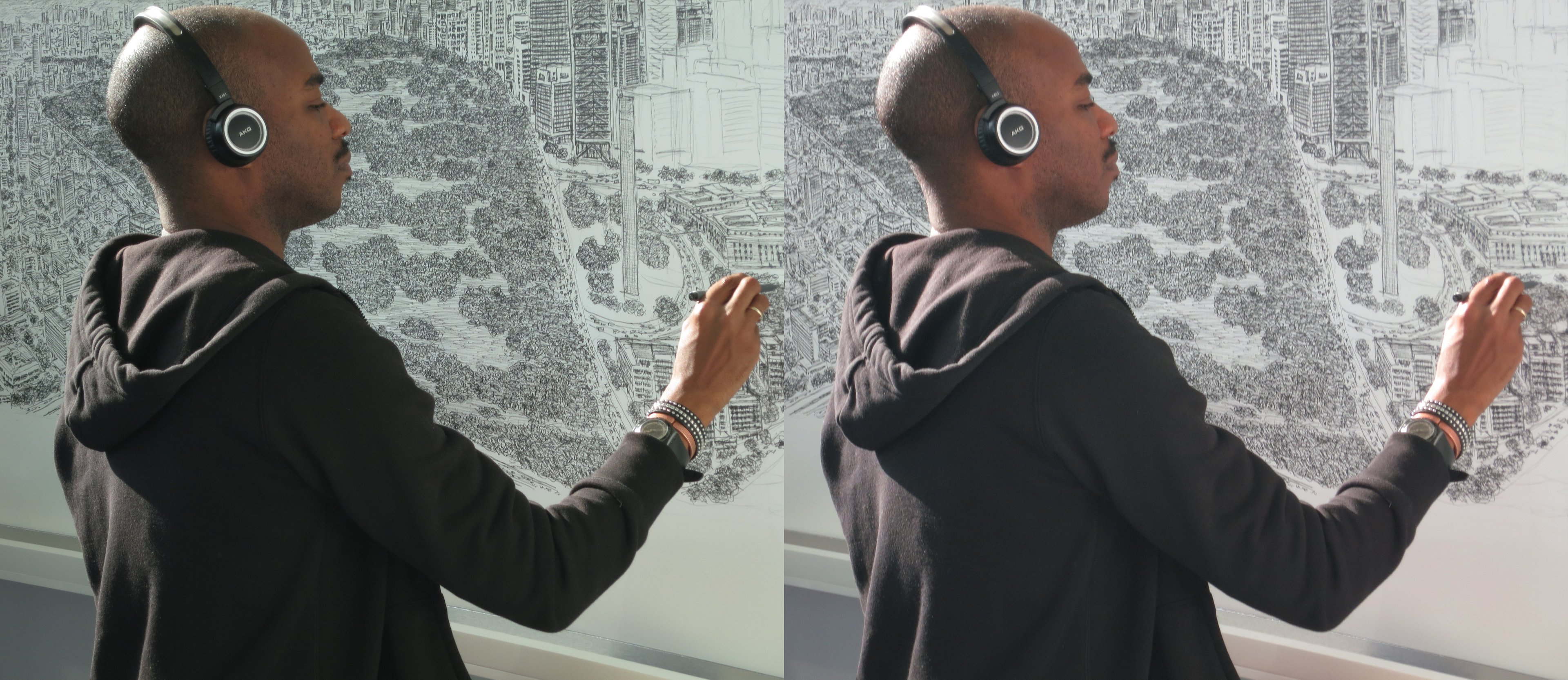 L'artiste britannique Stephen Wiltshire en train de dessiner de mémoire le panorama de la ville de Mexico.