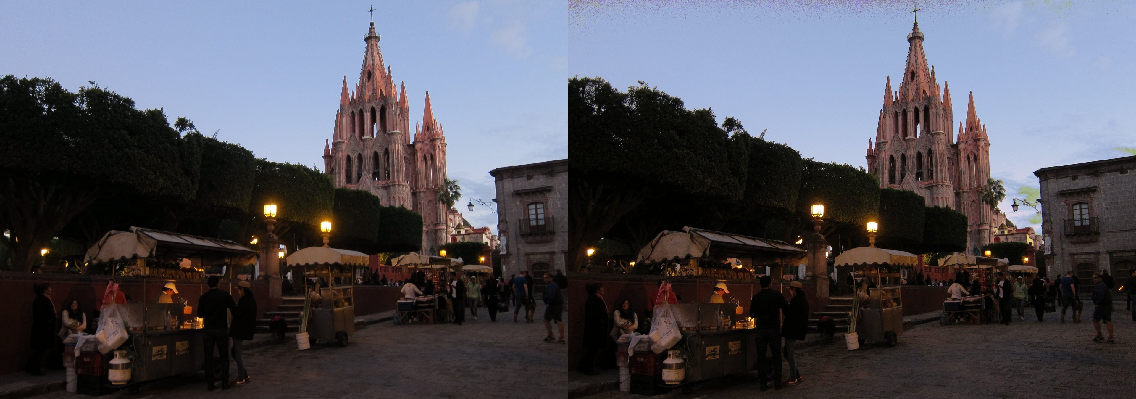 Le Jardín Allende et l'église Parroquia de San Miguel Arcángel au coucher du soleil