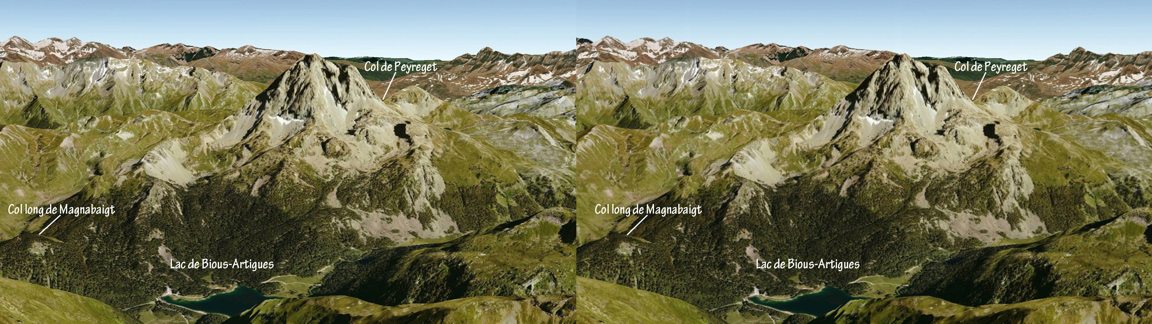 Vue oblique de l'itinéraire depuis le Sud, source Google Earth