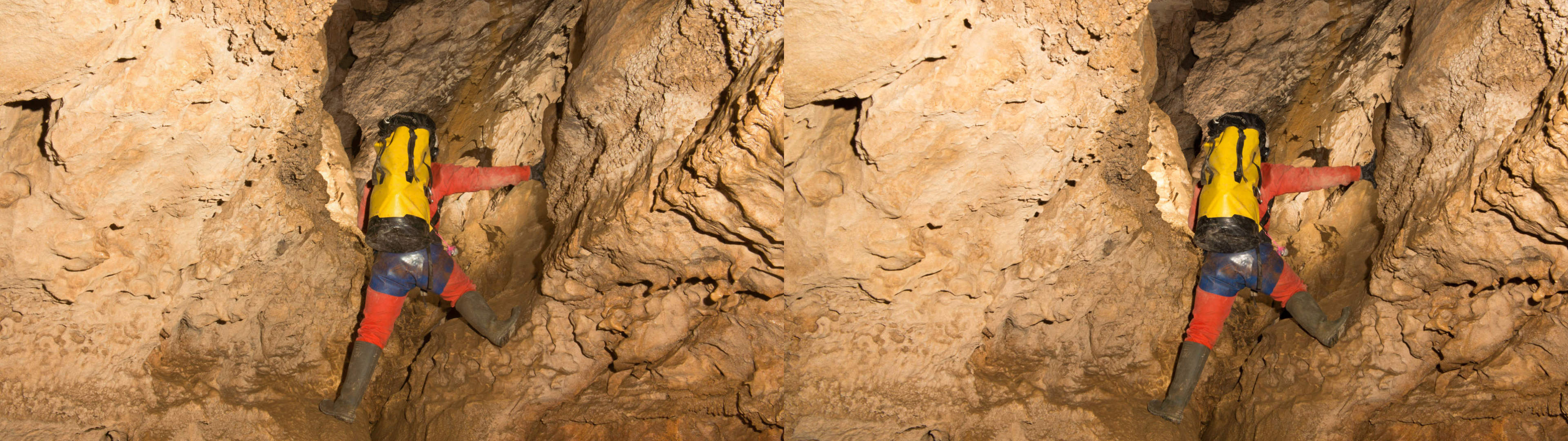 Raphaël Charuel escalade dans la grotte.