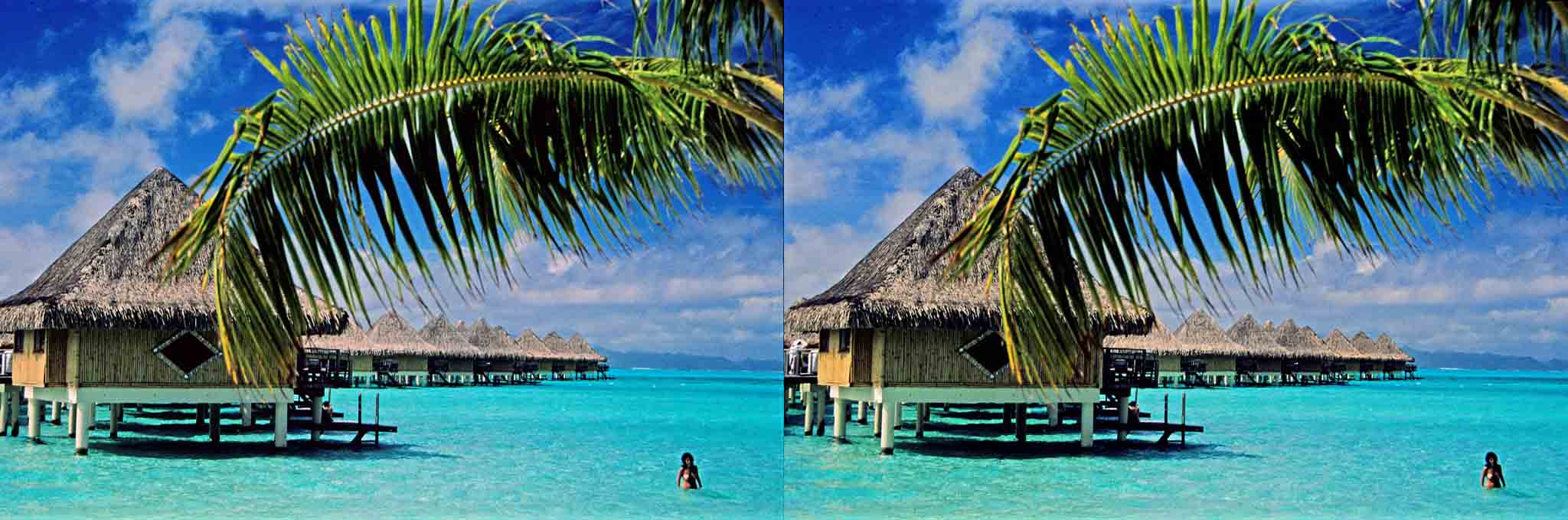 Bora Bora comme on se l?imagine : des hôtels sur pilotis et une vahiné sortant de l?eau...