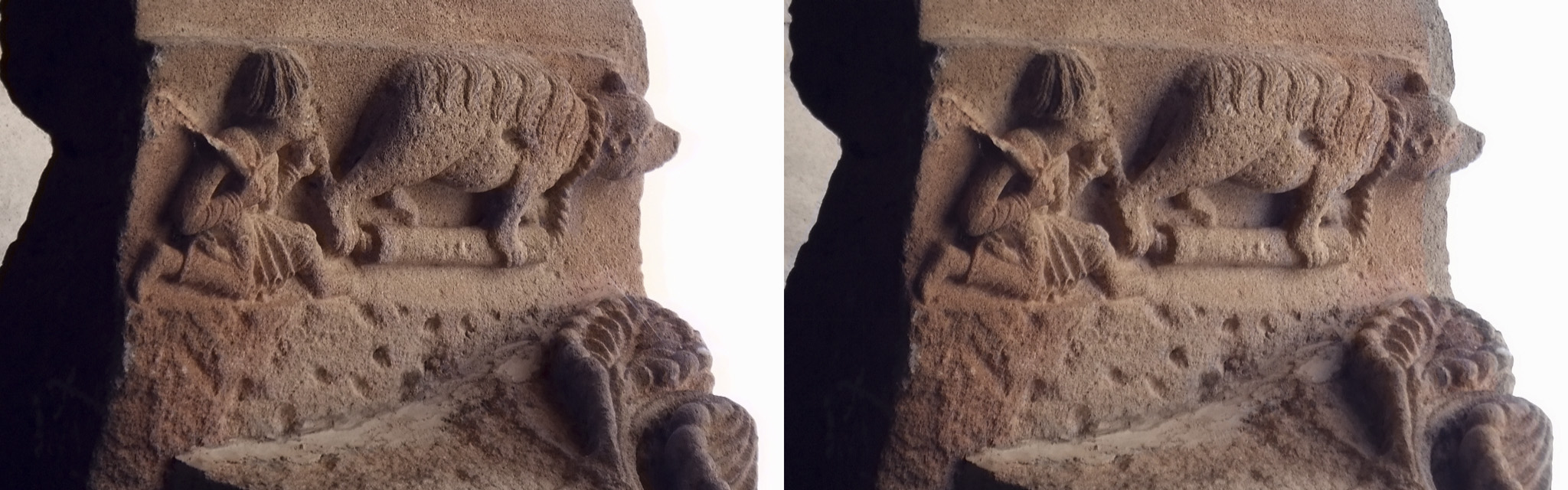Le montreur d'ours, sculpture de l'entrée de l'église St Pierre