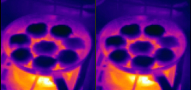 Grillade de steacks vue par une camera thermique